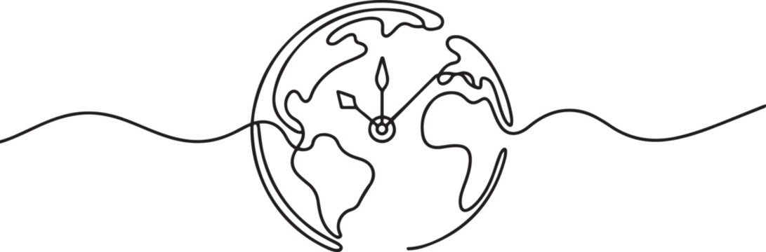 Continuous one line drowing of earth clock and Earth hour concept. one line icon drawing vector