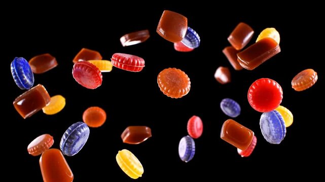 Slow motion tracking shot of colorful candies tumbling and spinning against black studio background close up