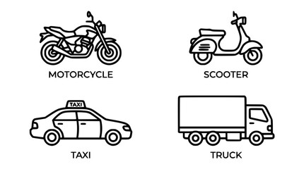 Fototapeta premium Motorcycle, Scooter, Taxi, Truck Icons: Transportation and Vehicle Set