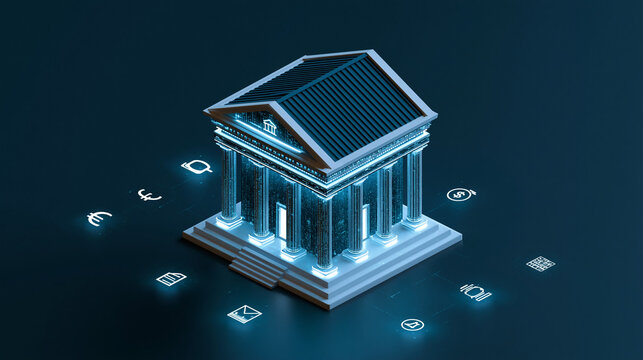 A futuristic digital illustration of a bank building with glowing blue neon lights and currency symbols