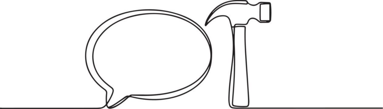 One continuous line of speech bubble with hammer. Thin Line Illustration Tool vector concept. one line icon drawing vector