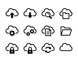 Obraz premium Cloud computing and network icon set with upload download search folder settings and lock vector illustration.