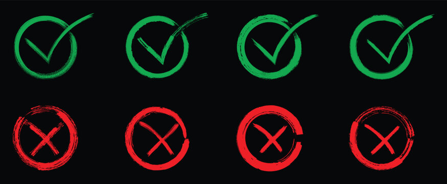 Green Check Mark and Red Cross Icon Set Vector Illustration for Approval, Rejection, Validation, Wrong and Correct Symbol Collection on Black Background. Vector illustration 