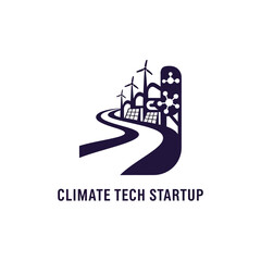 Fototapeta premium Climate tech startup logo with wind turbines and solar panels on highway.