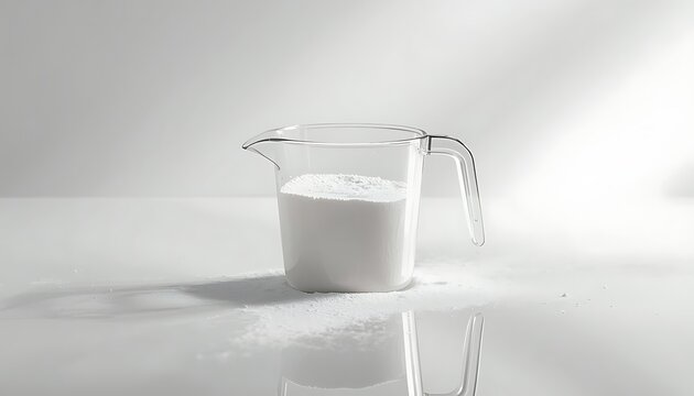 A clear plastic measuring cup filled with white liquid possibly milk placed on a reflective surface under soft lighting