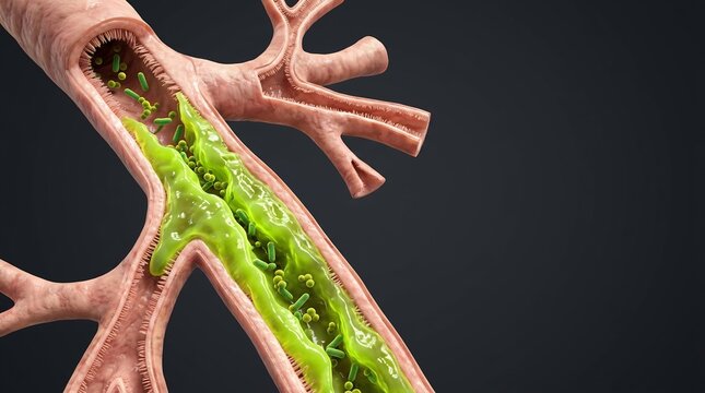 3D medical visualization of bacterial infection in human respiratory airway with green mucus and pathogens