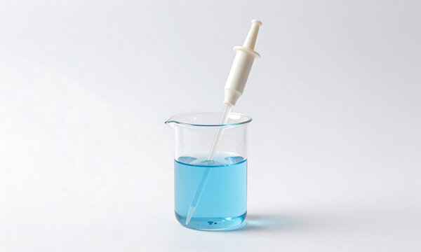 plastic pipette blue chemical solution clear glass beaker centered white studio backdrop illuminated soft diffused