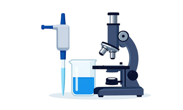 plastic pipette blue chemical solution clear glass beaker centered white studio backdrop illuminated soft diffused