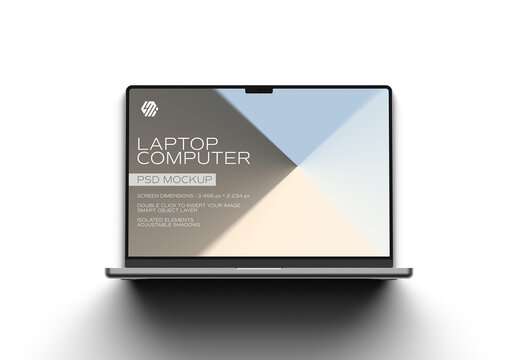 Silver Laptop with Large Shadow Isolated on White Mockup