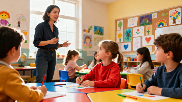 Teacher instructing diverse group of children in colorful elementary classroom