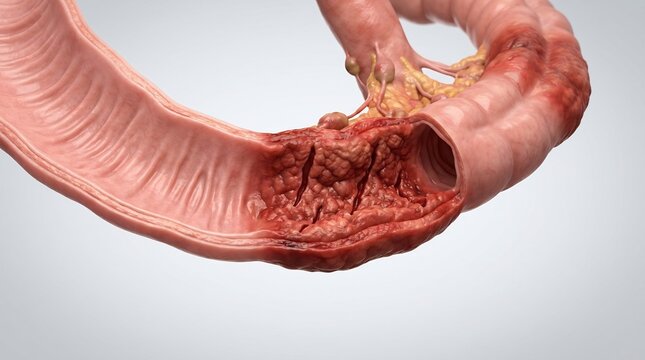 3D render of human small intestine with inflammatory bowel disease and mucosal ulceration showing internal damage