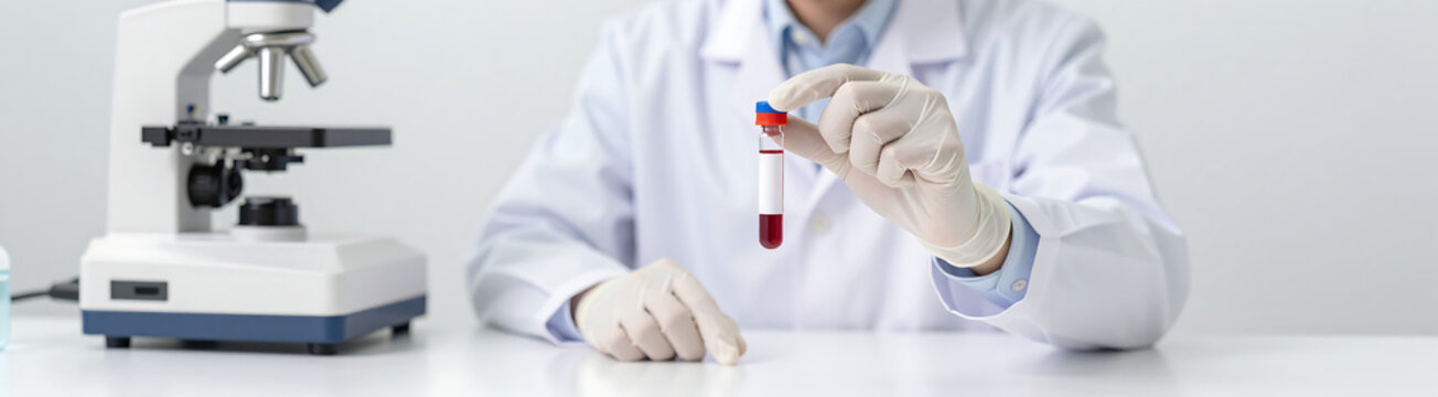 scientist lab coat holds small vial blood medical testing device background soft diffused studio lighting