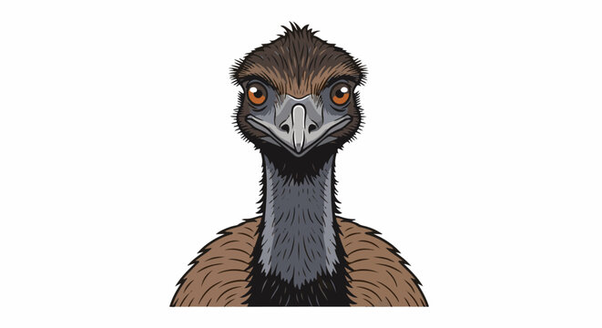 Stylized cartoon portrait of an emu with bright orange eyes, white background