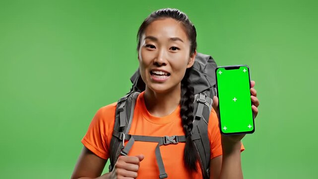 Asian Woman Hiker with Backpack and Green Screen Phone.