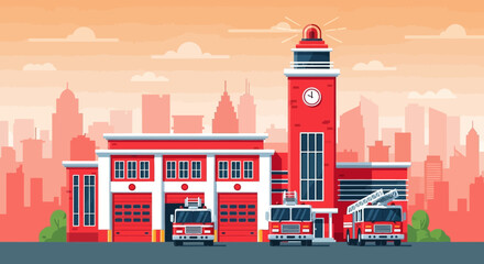 Fototapeta premium Fire Station Building With Fire Trucks 2.