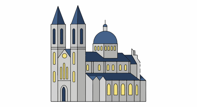 Stylized drawing of a large building with two towers and a dome
