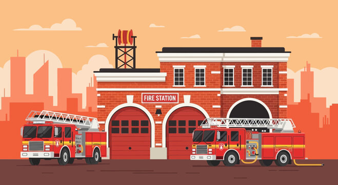 Fire trucks parked in front station.