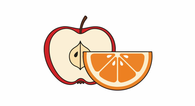 Simple illustration of an apple half and an orange slice on a white background