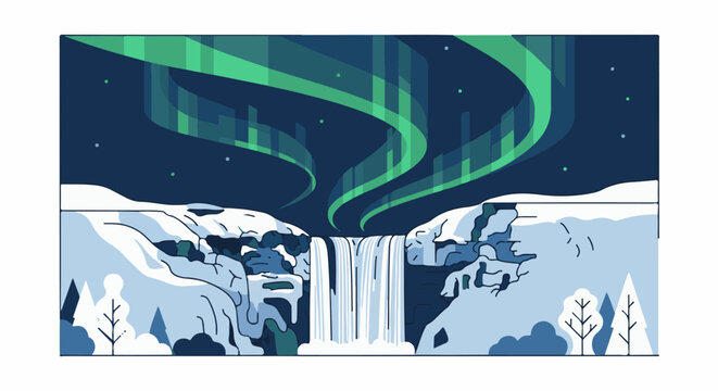 Stylized aurora borealis illuminates a frozen waterfall and snow-covered landscape