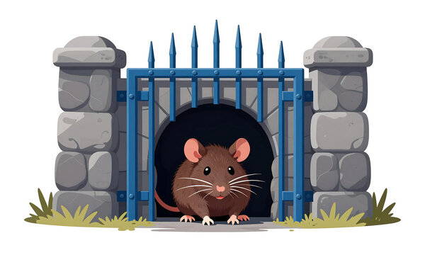 brown rat rattus norvegicus facing darkened burrow entrance intricate stone walls menacing spiked blue metal gate soft