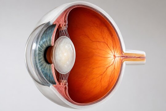 Anatomy of the Human Eye Cross Section 3D Illustration showing Retina, Lens, Iris, and Optic Nerve for Medical Education.