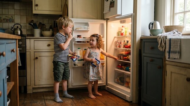 Children taking some snacks from the refrigerator secretly - siblings who take snacks from the refrigerator secretly so as not to be caught with the shh gesture. Funny family lifestyle moment at home.