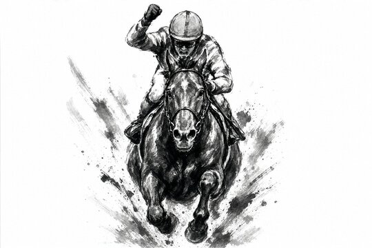 Japanese sumi-e style horse racing illustration