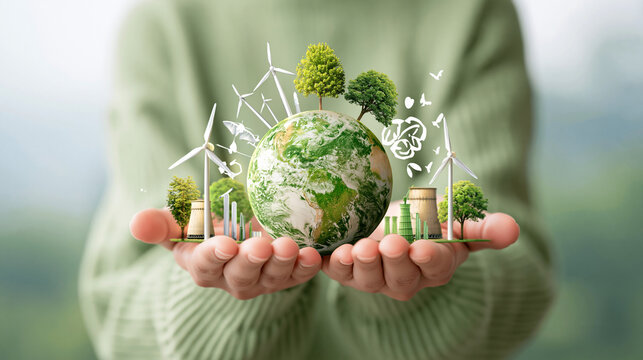 A person holding the Earth with eco-friendly symbols and green trees surrounding it