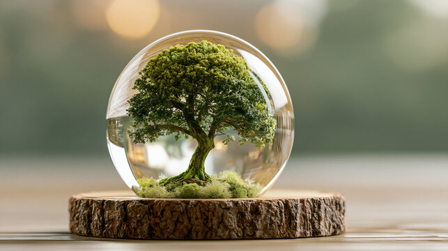 A small tree inside a glass globe on a wooden base in a peaceful environment