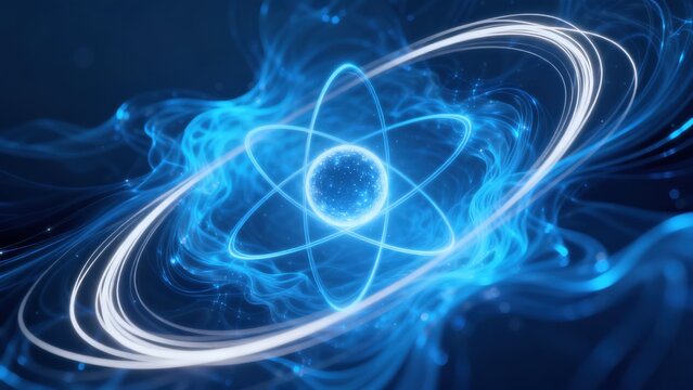 Abstract atomic structure with glowing orbits