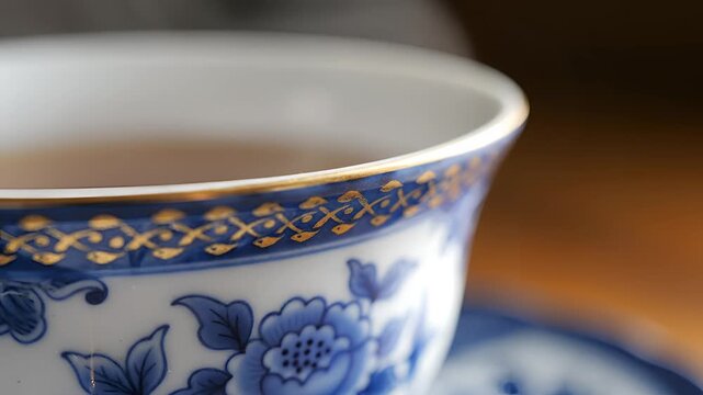 Closeup of a delicate porcelain teacup with blue floral patterns.