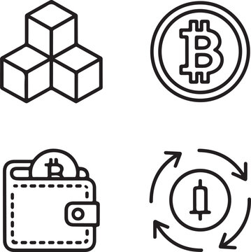 Black line icons of cryptocurrency and blockchain concepts