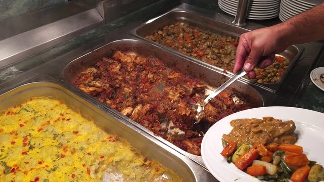 A close-up video of a hotel buffet spread featuring multiple steel chafing dishes filled with various hot dishes. A man's hand uses a serving spoon to scoop spicy braised chicken and chicken wings