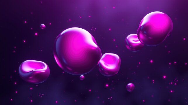 Shiny pink orbs float within dark purple space. Subtle sparkles add depth, creating abstract digital art.