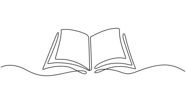 Animated self drawing of continuous line draw of Open book, Line drawing open book video. School education concept, Full length 4k