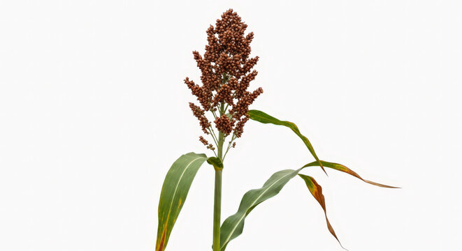 Close up of sorghum plant with mature seed head and green leaves on transparent background