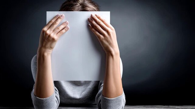 A woman hiding her face behind a blank sheet of white paper.