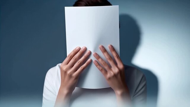 A woman hiding her face behind a blank sheet of white paper.