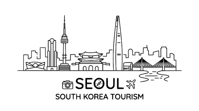 Seoul Skyline Illustration - South Korea Tourism Landmark Line Art