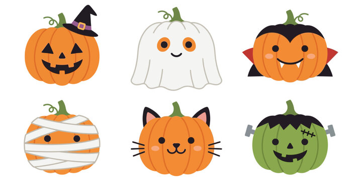 Halloween pumpkin jack-o-lantern faces with ghost and cat illustrations