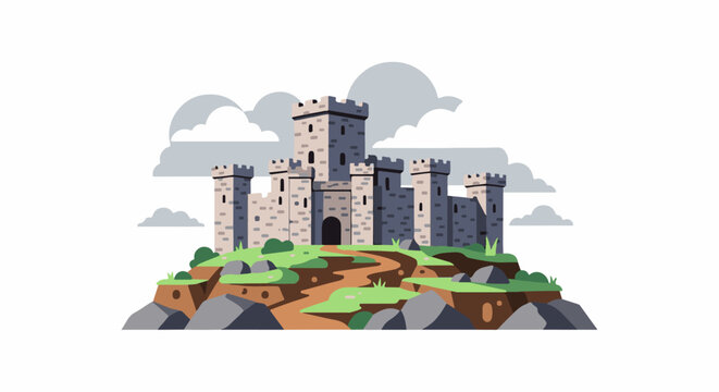 Stone fortress with embattled towers atop a rocky hill