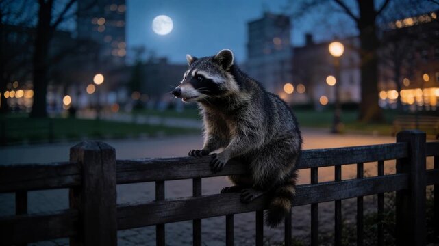 Adorable raccoon perched on a wooden fence in a city park at night with a full moon in the sky