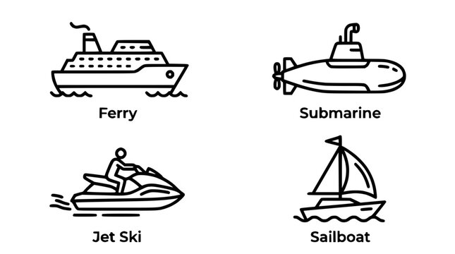 Set of four stylized watercraft icons: ferry, submarine, jet ski, and sailboat.