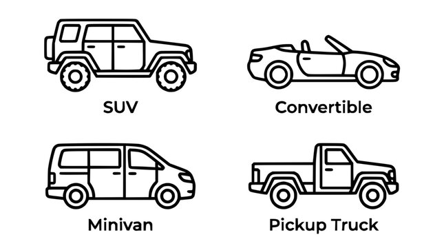 Collection of Vehicle Icons: SUV, Convertible, Minivan, Pickup Truck Line Art