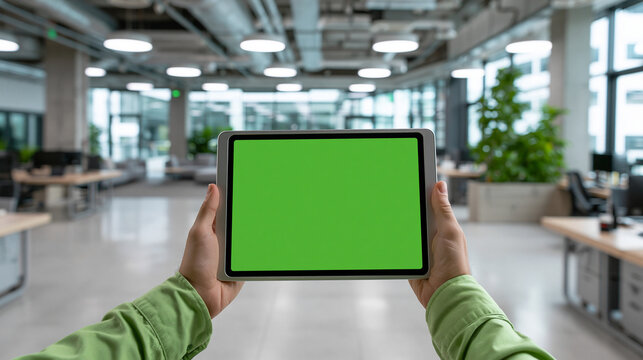 A person holding a tablet with a green screen in a modern office space