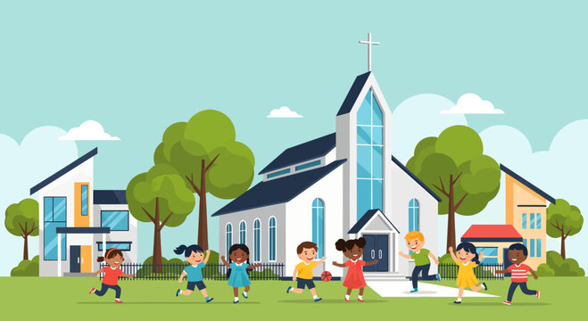 Children Playing Outside Church Building.