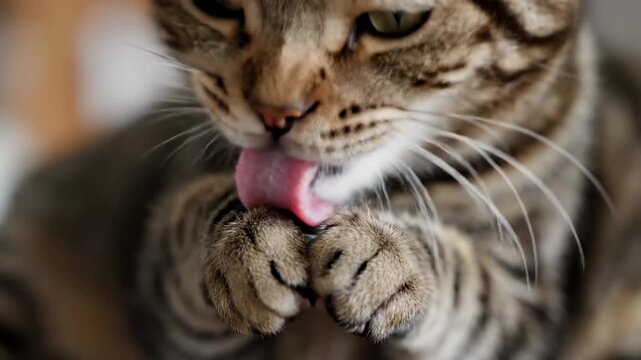 Adorable tabby cat with striking green eyes meticulously grooms its paw and nose with a pink tongue, showcasing a moment of intense feline self-care and personal hygiene