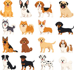 Naklejka premium Playful Puppy Icon Set Featuring Various Poses andDog Breed Icon Set Featuring Popular Breeds like Husky, Pug, Dalmatian, Beagle, and More for Pet, Animal, and Dog Lover Themes Actions 