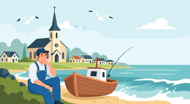 Man sitting next to fishing boat.
