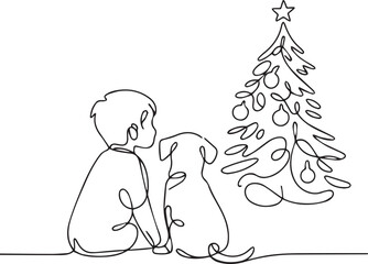 silhouette Child and dog watching Christmas tree. Continuous one line art drawing. Vector illustration © MDKHURSHED
